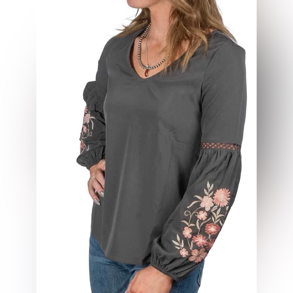 Roper Charcoal Gray Long Sleeve Top with Pink Floral Embroidery